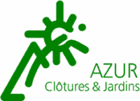 Logo AZUR Clôtures & Jardins vert, stylisé avec une forme abstraite évoquant une plante ou un poteau, et le texte "AZUR Clôtures & Jardins".