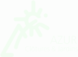 Logo Azur Clôtures & Jardins, fond vert. Symbole blanc stylisé évoquant soleil, fleur ou humain. Entreprise d'aménagement extérieur.