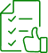 Validation de liste de tâches : Succès et approbation Document avec liste de tâches complètes et cochées, accompagné d'un pouce levé. Représente l'approbation et la validation.
