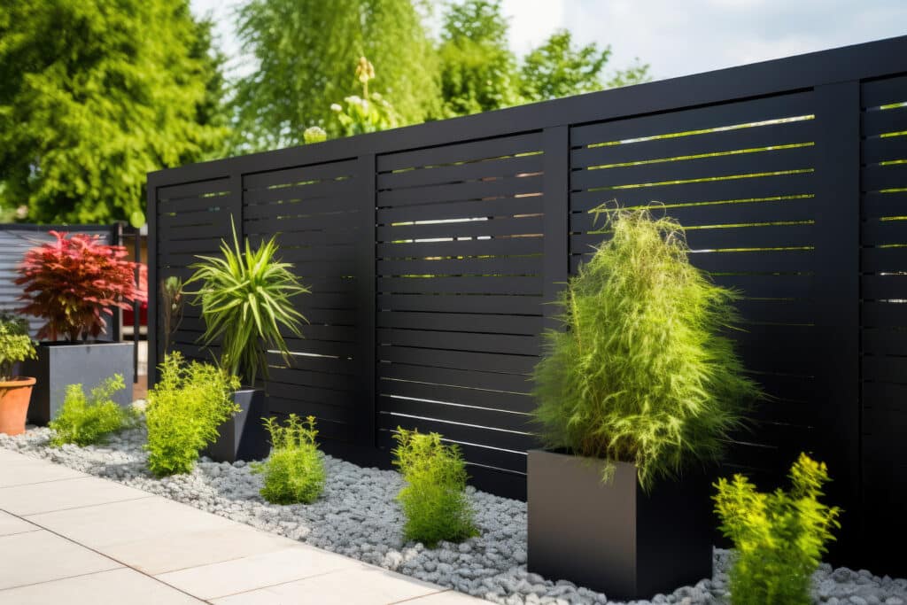 Jardin Moderne : Clôture Noire, Plantes & Aménagement Design Jardin moderne avec clôture noire à lames, plantes vertes et rouges en pots et pleine terre, gravier décoratif et patio clair.