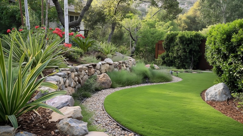 Jardin Paysager Luxuriant: Aménagement, Pelouse Verte, Mur de Pierre Jardin paysager luxuriant avec pelouse verte courbée, mur en pierre naturelle, plantes variées et chemin de galets.